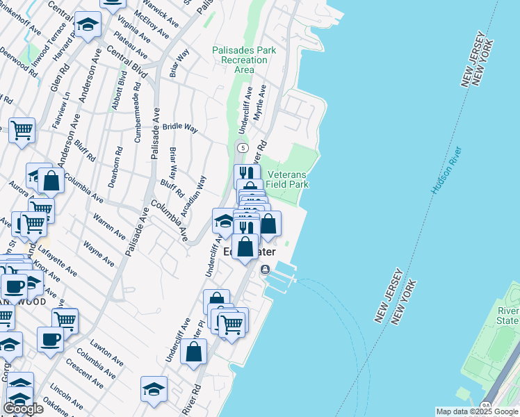 map of restaurants, bars, coffee shops, grocery stores, and more near 1080 River Road in Edgewater