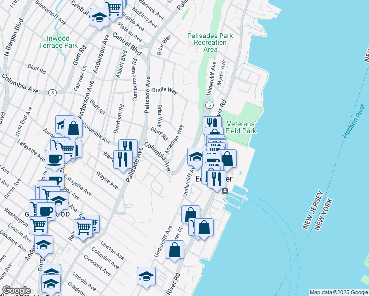 map of restaurants, bars, coffee shops, grocery stores, and more near 1040 Arcadian Way in Fort Lee
