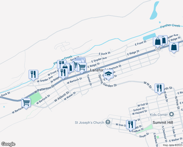 map of restaurants, bars, coffee shops, grocery stores, and more near 15 East Bertsch Street in Lansford