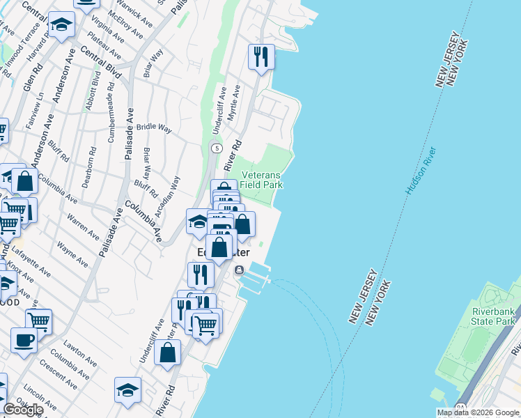 map of restaurants, bars, coffee shops, grocery stores, and more near 1111 River Road in Edgewater