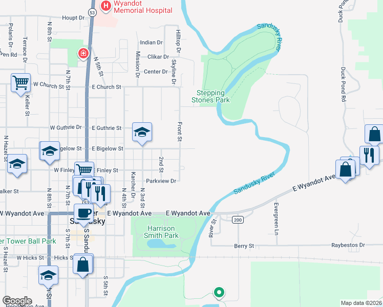 map of restaurants, bars, coffee shops, grocery stores, and more near 615 East Bigelow Street in Upper Sandusky