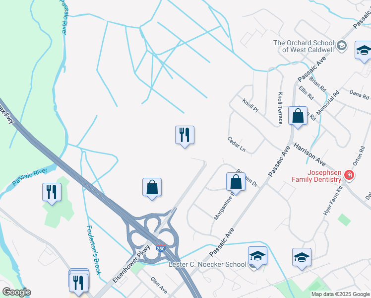 map of restaurants, bars, coffee shops, grocery stores, and more near 105 Eisenhower Parkway in Roseland