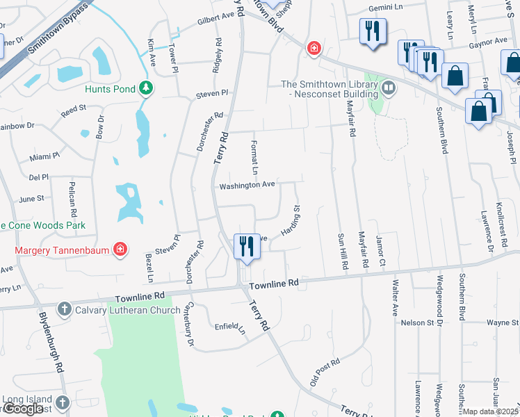 map of restaurants, bars, coffee shops, grocery stores, and more near 10 Chester Street in Smithtown