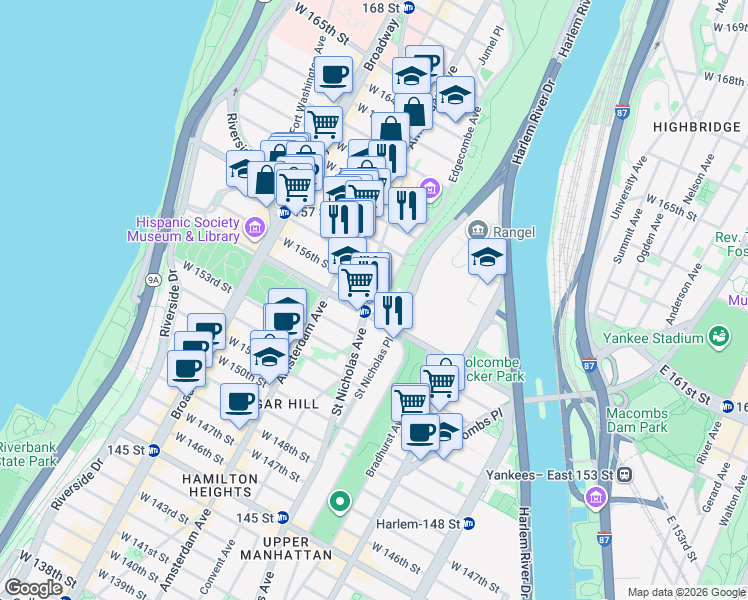 map of restaurants, bars, coffee shops, grocery stores, and more near 889 Saint Nicholas Avenue in New York