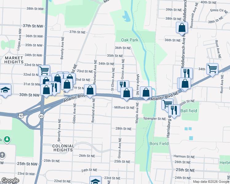 map of restaurants, bars, coffee shops, grocery stores, and more near 1524 31st Street Northeast in Canton