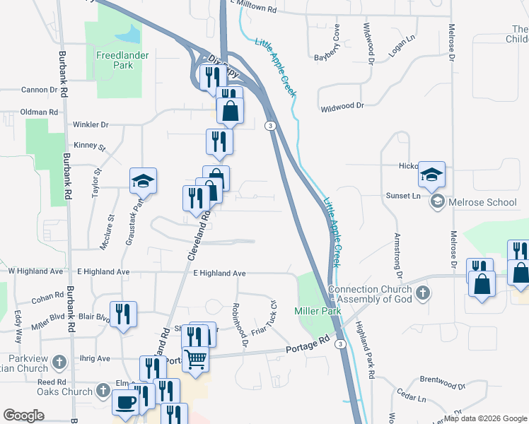 map of restaurants, bars, coffee shops, grocery stores, and more near 1014 Northview Drive in Wooster