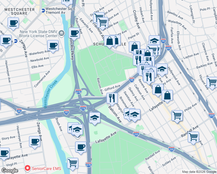 map of restaurants, bars, coffee shops, grocery stores, and more near 2735 Gifford Avenue in Bronx