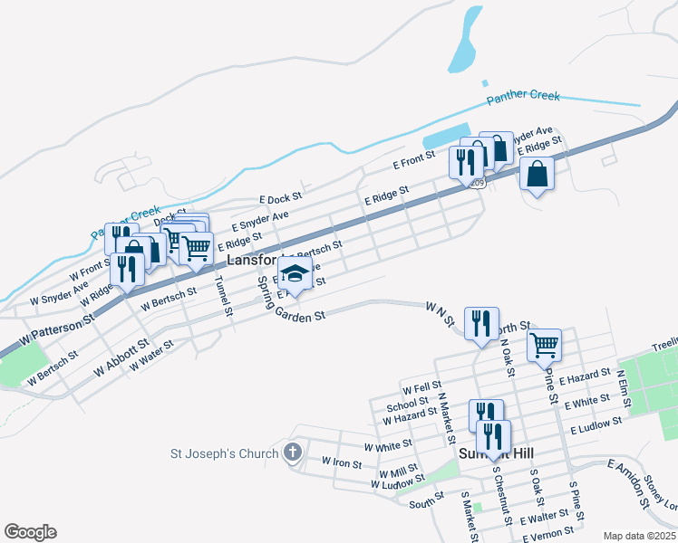 map of restaurants, bars, coffee shops, grocery stores, and more near 255 East Abbott Street in Lansford