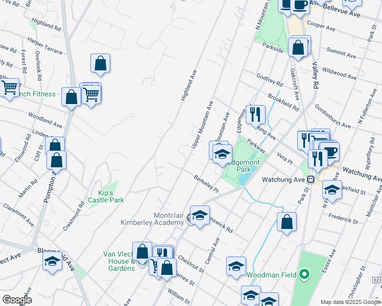 map of restaurants, bars, coffee shops, grocery stores, and more near 181 Upper Mountain Avenue in Montclair