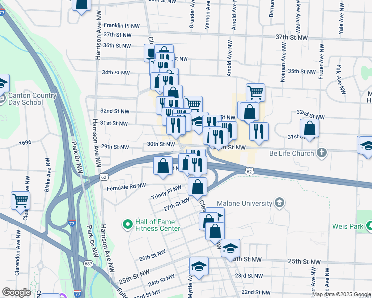 map of restaurants, bars, coffee shops, grocery stores, and more near 2910 Cleveland Avenue Northwest in Canton