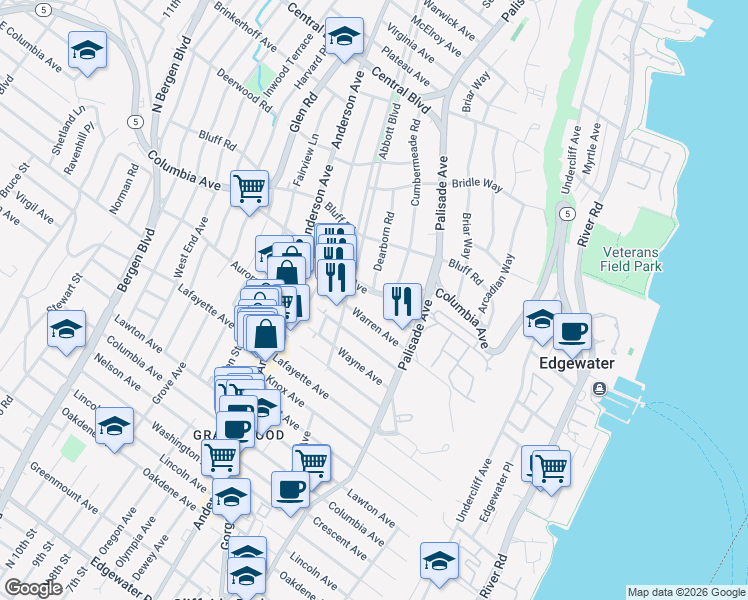 map of restaurants, bars, coffee shops, grocery stores, and more near 246 Columbia Avenue in Fort Lee