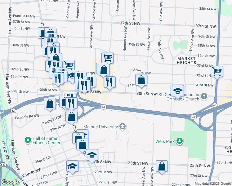 map of restaurants, bars, coffee shops, grocery stores, and more near 816 30th Street Northwest in Canton