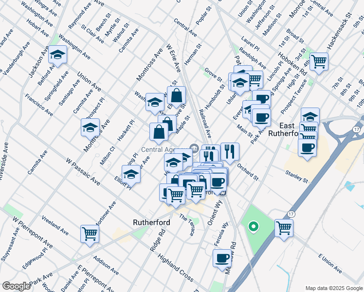 map of restaurants, bars, coffee shops, grocery stores, and more near 47 Ivy Place in Rutherford