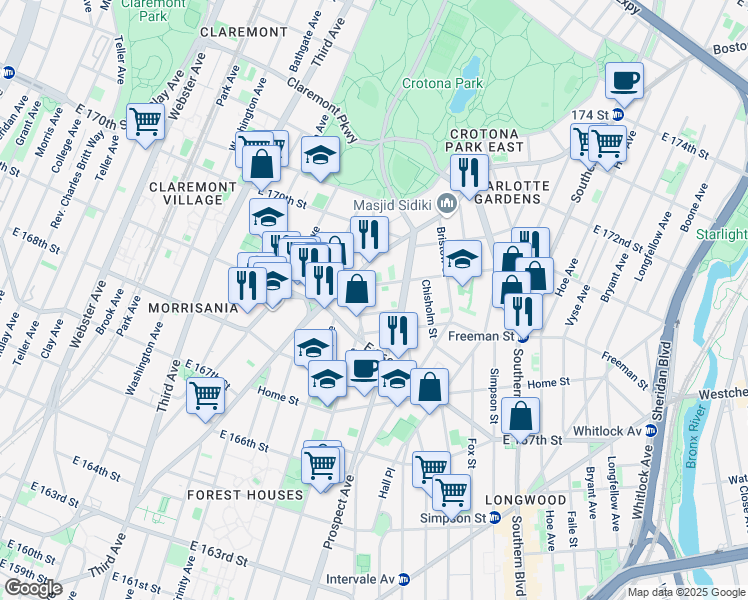 map of restaurants, bars, coffee shops, grocery stores, and more near 750 Jennings Street in Bronx