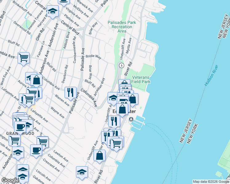 map of restaurants, bars, coffee shops, grocery stores, and more near 550 Undercliff Avenue in Edgewater
