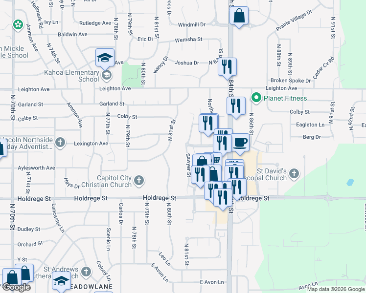 map of restaurants, bars, coffee shops, grocery stores, and more near 1845 Sawyer Street in Lincoln