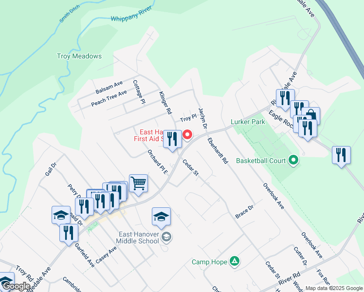 map of restaurants, bars, coffee shops, grocery stores, and more near 23 Ridgedale Avenue West in East Hanover