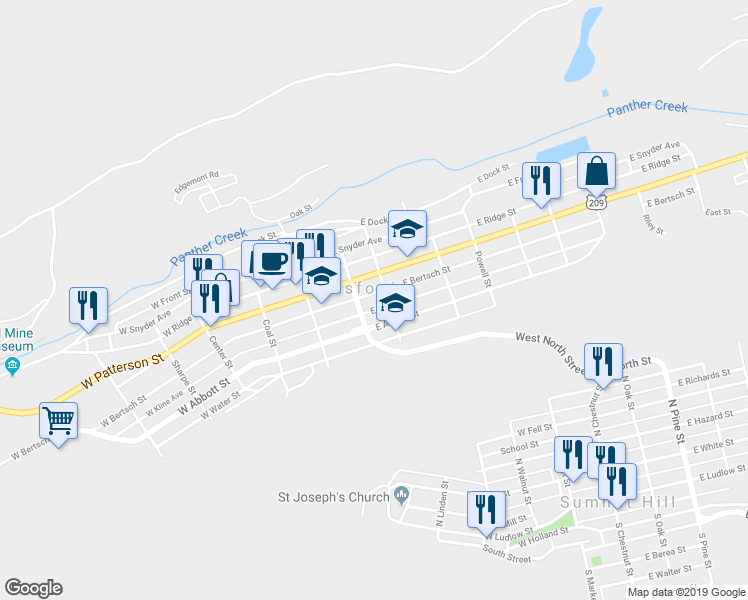 map of restaurants, bars, coffee shops, grocery stores, and more near in Lansford