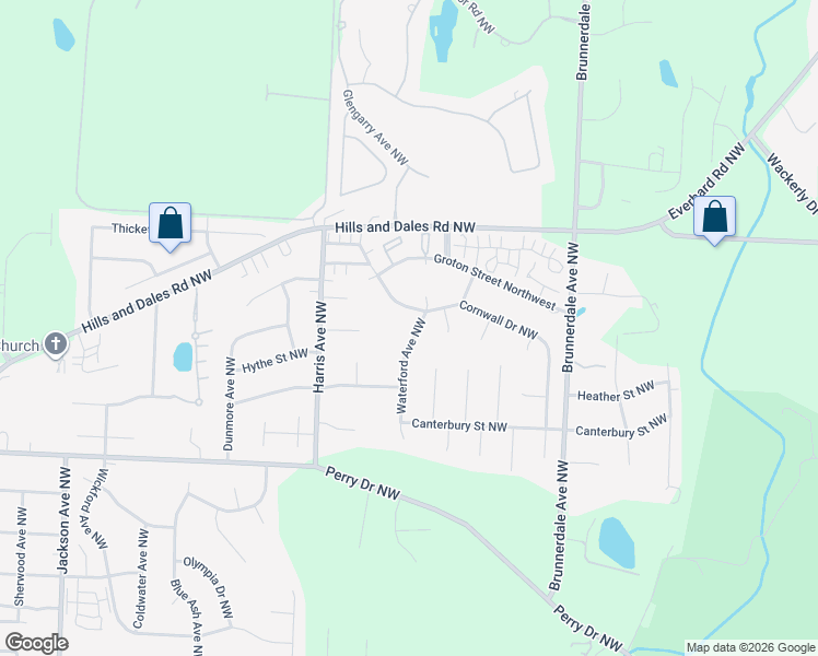 map of restaurants, bars, coffee shops, grocery stores, and more near 3445 Waterford Avenue Northwest in Canton