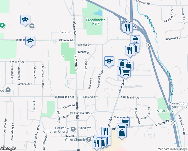 map of restaurants, bars, coffee shops, grocery stores, and more near 531 Mcclure Street in Wooster