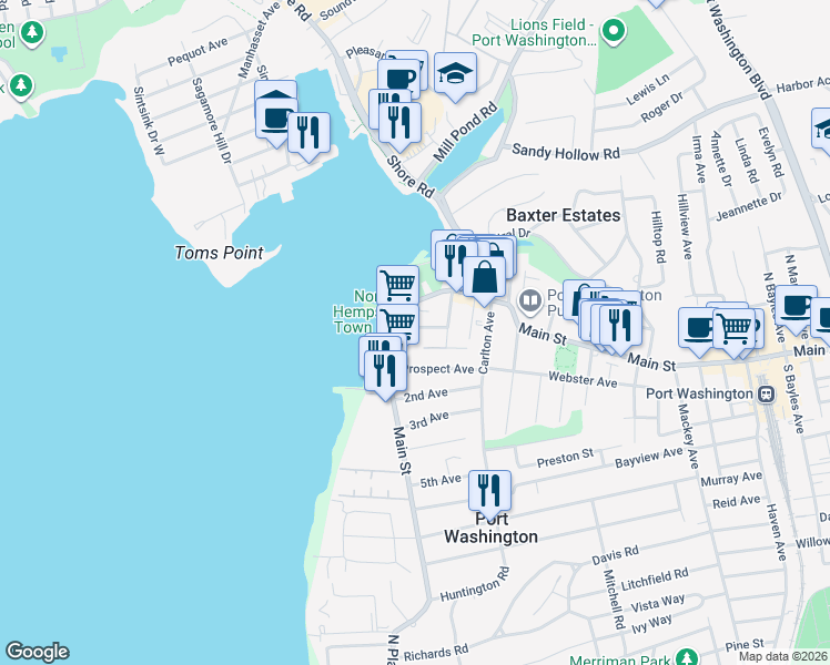 map of restaurants, bars, coffee shops, grocery stores, and more near 8 Covert Street in Port Washington