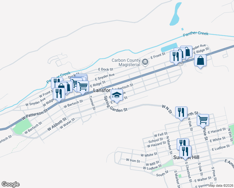 map of restaurants, bars, coffee shops, grocery stores, and more near 205 East Kline Avenue in Lansford