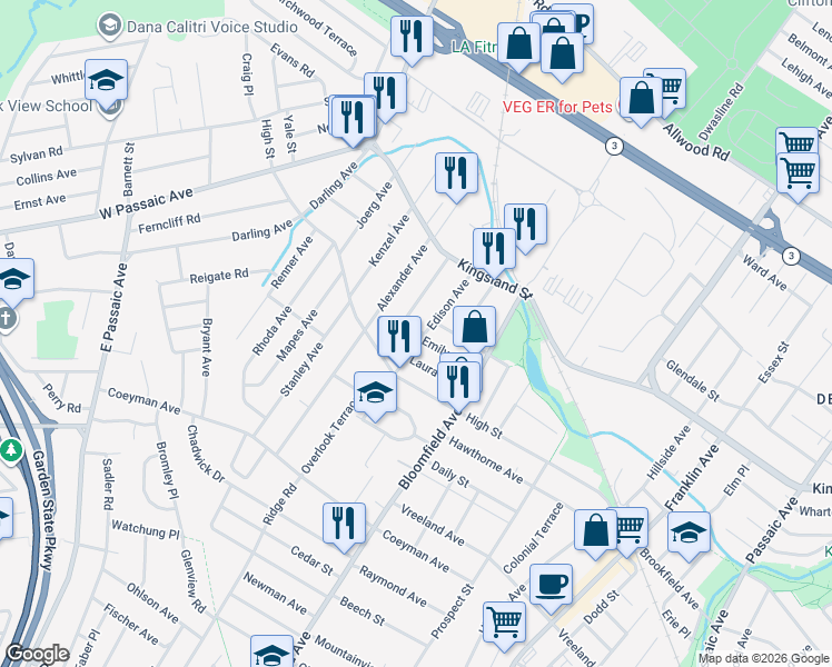 map of restaurants, bars, coffee shops, grocery stores, and more near 39 Edison Avenue in Nutley