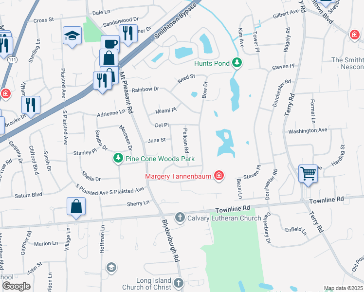 map of restaurants, bars, coffee shops, grocery stores, and more near 10 Pelican Road in Hauppauge