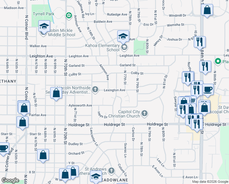 map of restaurants, bars, coffee shops, grocery stores, and more near 7541 Lexington Avenue in Lincoln