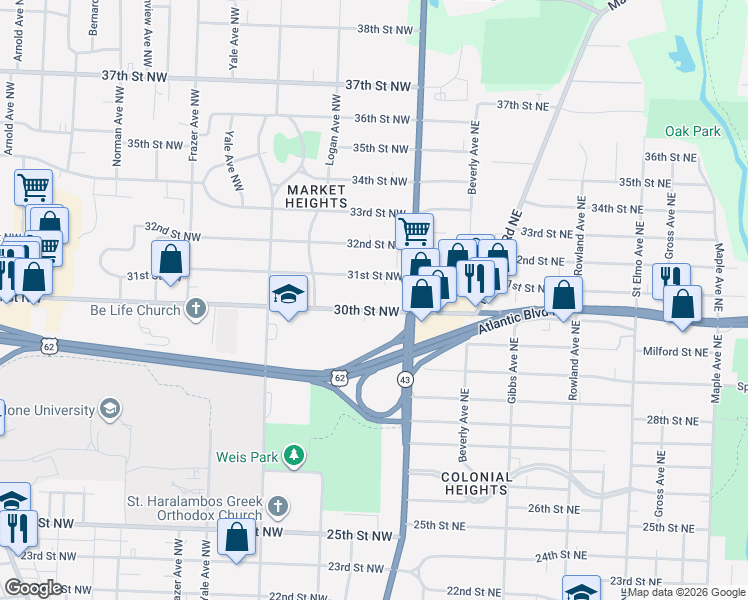 map of restaurants, bars, coffee shops, grocery stores, and more near 137 30th Street Northwest in Canton