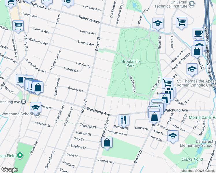 map of restaurants, bars, coffee shops, grocery stores, and more near 39 Gordonhurst Ave in Montclair