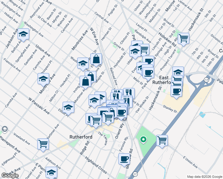 map of restaurants, bars, coffee shops, grocery stores, and more near 3 Ayer Place in Rutherford