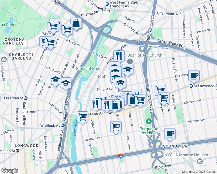 map of restaurants, bars, coffee shops, grocery stores, and more near 1525 East 172nd Street in Bronx