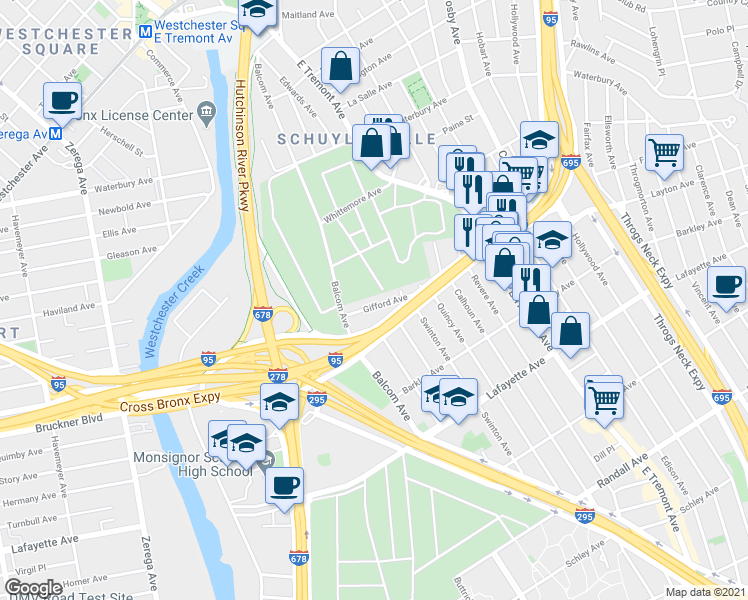 map of restaurants, bars, coffee shops, grocery stores, and more near 2735 Gifford Avenue in The Bronx