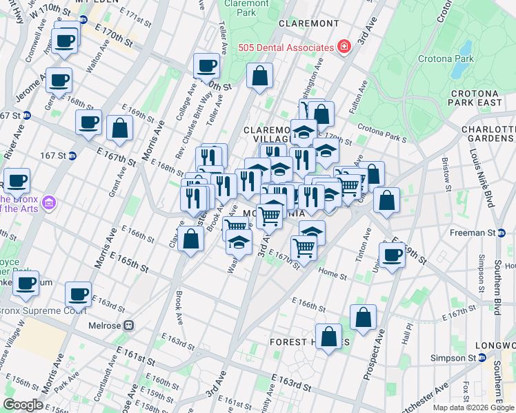 map of restaurants, bars, coffee shops, grocery stores, and more near Washington Ave & E 168th St in Bronx