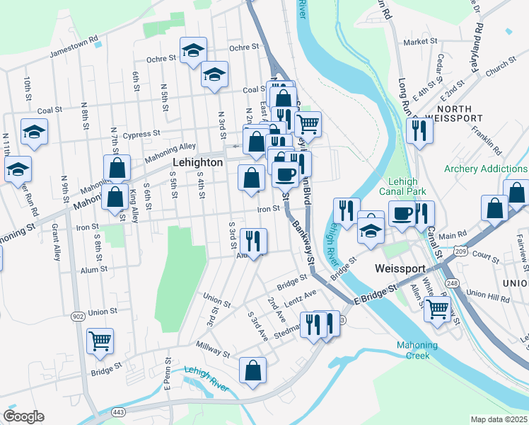 map of restaurants, bars, coffee shops, grocery stores, and more near 134 Iron Street in Lehighton
