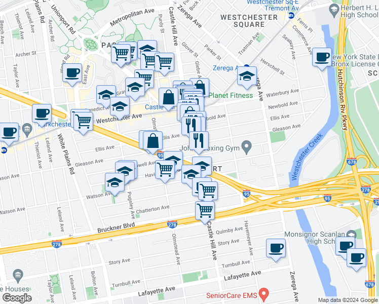 map of restaurants, bars, coffee shops, grocery stores, and more near 1177 Castle Hill Avenue in Bronx