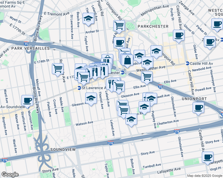 map of restaurants, bars, coffee shops, grocery stores, and more near 1236 Leland Avenue in Bronx