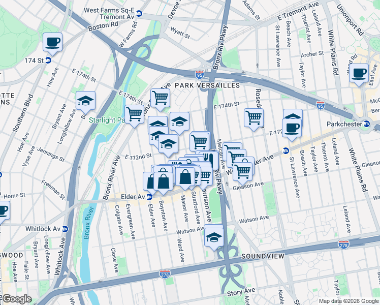 map of restaurants, bars, coffee shops, grocery stores, and more near in The Bronx