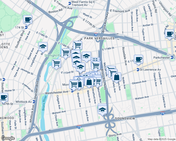 map of restaurants, bars, coffee shops, grocery stores, and more near in The Bronx