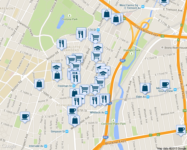 map of restaurants, bars, coffee shops, grocery stores, and more near 1453 Bryant Avenue in Bronx