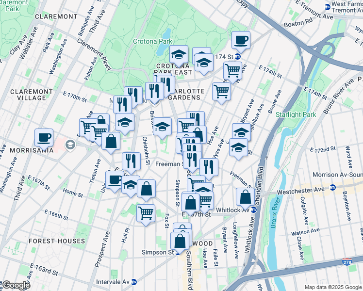 map of restaurants, bars, coffee shops, grocery stores, and more near 1355 Intervale Avenue in Bronx