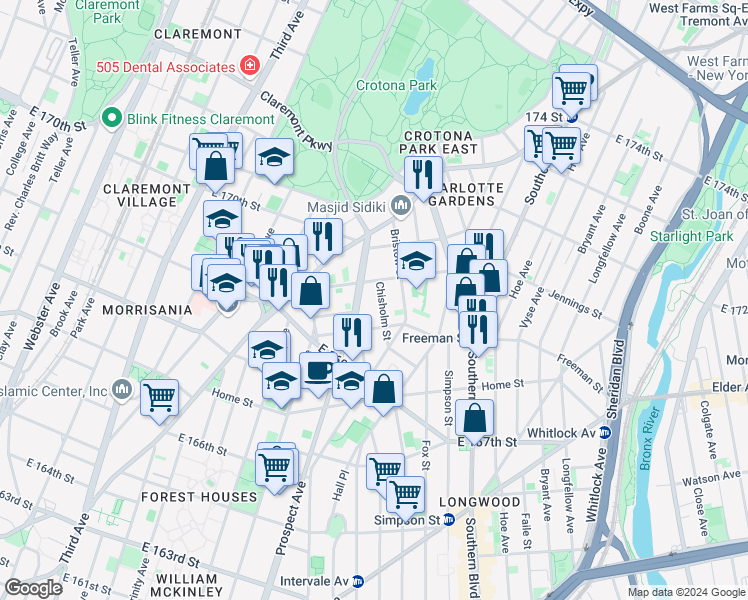 map of restaurants, bars, coffee shops, grocery stores, and more near 1333 Chisholm Street in Bronx