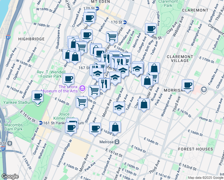 map of restaurants, bars, coffee shops, grocery stores, and more near 1131 Morris Avenue in The Bronx