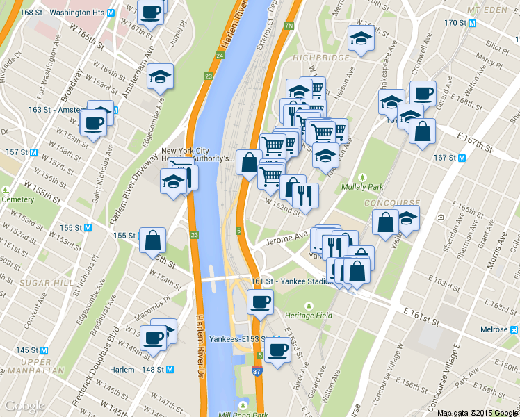 map of restaurants, bars, coffee shops, grocery stores, and more near 943 Ogden Avenue in Bronx