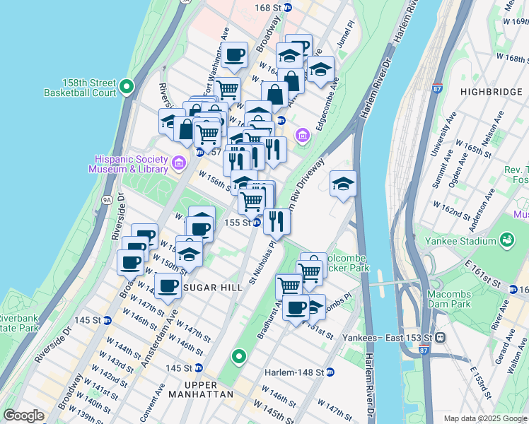 map of restaurants, bars, coffee shops, grocery stores, and more near 889 Saint Nicholas Avenue in New York