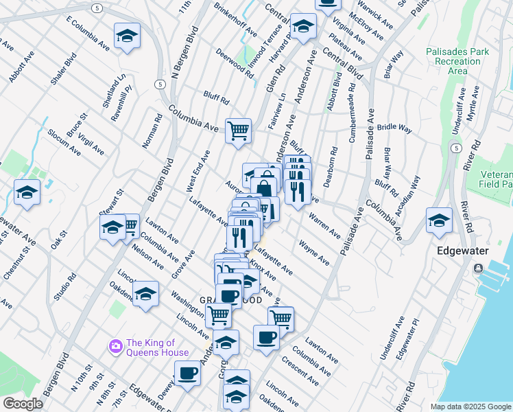 map of restaurants, bars, coffee shops, grocery stores, and more near 364 Aurora Avenue in Cliffside Park
