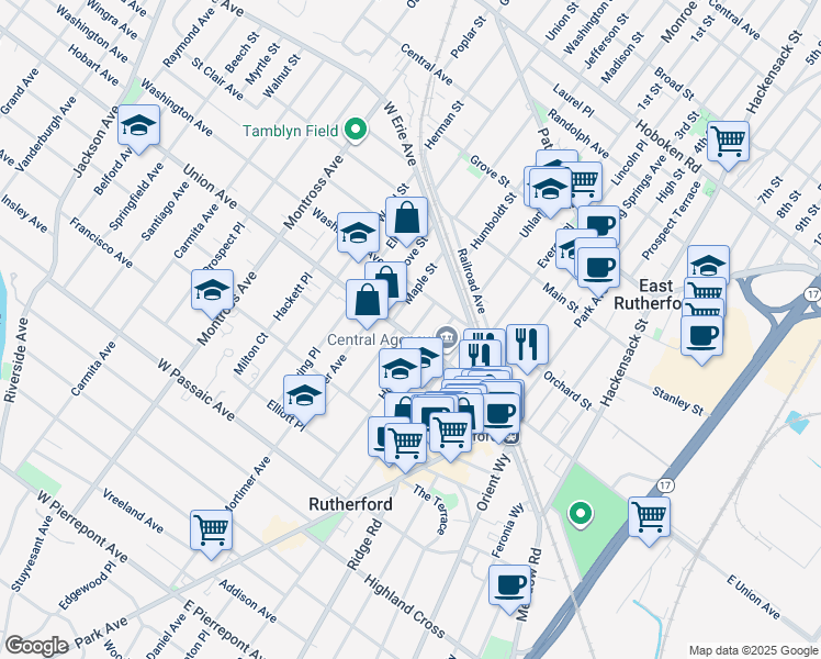 map of restaurants, bars, coffee shops, grocery stores, and more near 47 Ivy Place in Rutherford