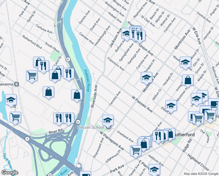 map of restaurants, bars, coffee shops, grocery stores, and more near 254 Donaldson Avenue in Rutherford
