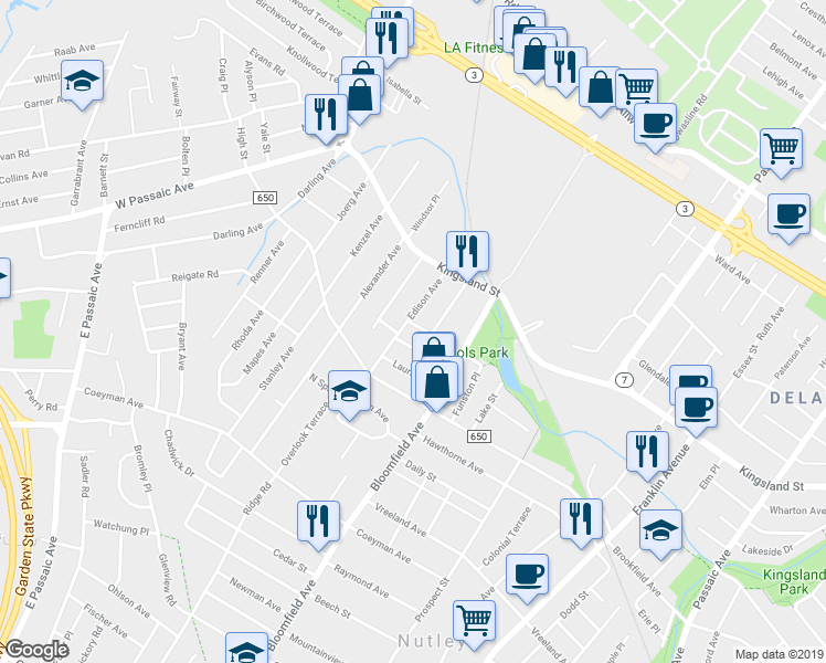 map of restaurants, bars, coffee shops, grocery stores, and more near 63 Brookdale Avenue in Nutley